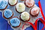 Chocolate cupcakes topped with coloured cream