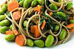 Soba Noodles with Edamame, Carrots and Spinach; Close Up