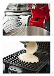 Whipped Egg Whites on Electric Mixer for Waffle Batter; Pouring Waffle Batter into a Waffle Iron