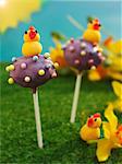 Cake pops decorated with marzipan chicks for Easter