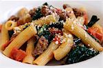 Rigatoni with spinach, sausage and tomatoes