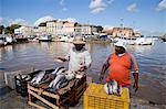 Fish vendors selling fish in front of Ver p Peso Market, Waterfront, Belem, Amazonia, Brazil, South America