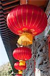 Red lanterns held at the entrance of the Main Hall  of Po Lin Monstery, Lantau Island, Hong Kong