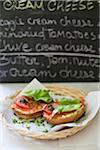 Smoked salmon,cheese,tomato and caper bagel sandwich