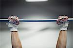 Gymnast's arms gripping horizontal bar, cropped