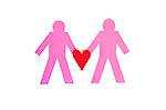 Two paper stick figures holding a red heart over white background