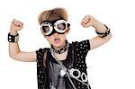 Portrait of punk kid wearing pilot goggles with raised fist over white background