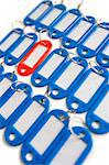 Close-up of red surrounded with blue key ring tags