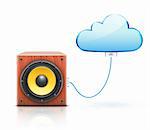 Vektor-Illustration von Wolke Speicherkonzept mit blauen Symbol der Internet-Wolke und detaillierten Klang Lautsprecher