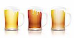 Light, dark and unfiltered beer in mugs with reflection, isolated on white, vector illustration, eps10