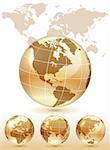Different views of golden glass globe, map included, vector illustration, eps 10, 3 layers