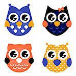 Owls colorful set. Vector cartoon