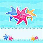 Colorful Starfishes at Blue Sea Background Card with place for Text