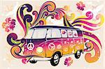 Retro van - flower power - van with colorful swirls, doves, peace signs and hibiscus as a vintage retro poster