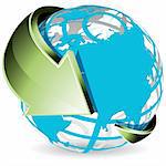 illustration, abstract blue globe with green arrow
