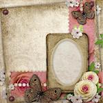 Album page with frame for photo, butterfly, flowers