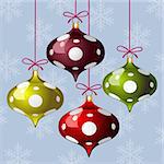Christmas background with three colorful polka dot balls and snowflakes, vector illustration