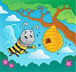 Cartoon bee with hive - vector illustration.