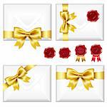 Set Of Envelopes With Golden Bow And Wax Seals, Isolated On White Background, Vector Illustration