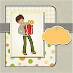 greeting card with boy and big gift box