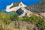 Flowers and summer Porto Katsiki beach on Ionian Sea (Lefkada, Greece) view from up