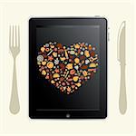Tablet Computer With Food Icons, Isolated On White Background, Vector Illustration
