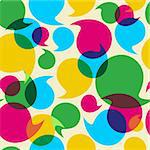 Colorful social media speech transparency bubbles seamless pattern background. Vector file layered for easy manipulation and custom coloring.