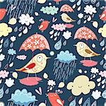 seamless graphic pattern of birds in the autumn and the rain on a dark background