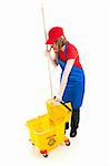 Teenage girl at work, using a mop and bucket.  Full body isolated on white.