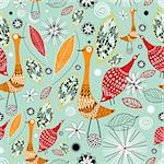 Seamless pattern with autumn leaves and the birds on light green background