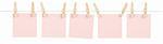 A set of five blank pink sticky notes held on a string with clothespins isolated on white.
