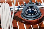 Compass indicating direction on a wooden sailboat
