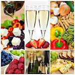 Macro photographs of a fresh food montage salad fruits pasta and cheese with champagne