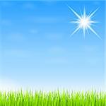 Summer background with green grassand sun, vector eps10 illustration