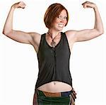 Happy woman with smile and flexing bicep muscles