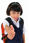 Thumb up Southeast Asian primary school girl with backpack on white background