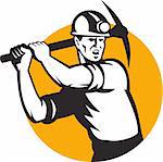 Illustration of a coal miner striking working using pick axe done in retro woodcut style set inside circle.