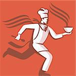 Illustration of a chef cook baker running with spoon and bowl of hot food viewed from side done in retro style.