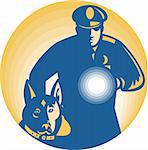 Illustration of a security guard policeman with police guard dog and flashlight facing front set inside circle done in retro style.