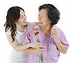 Young Asian girl carnation flower to her mum, over white background