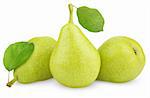 Ripe green yellow pears with leaves isolated on white