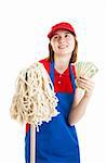 Young adult or teenage girl daydreams about the money she'll make working.  Isolated on white.