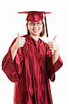 Female high school or college graduate giving thumbs up sign.  Isolated on white.