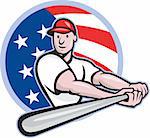 Cartoon illustration of a baseball player with bat batting facing front set inside circle with stars and stripes flag in the background.