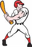 Cartoon illustration of a baseball player with bat batting facing front on isolated white background.