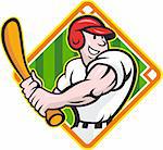Cartoon illustration of a baseball player with bat batting facing front on isolated white background with diamond baseball field.