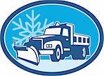 Illustration of a snow plow truck plowing with winter snow flakes in background set inside circle done in retro style.