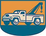 Retro illustration of a vintage tow wrecker pickup truck viewed from side.