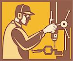 Illustration of a factory worker operator operating working with drill press viewed from side done in retro woodcut style set inside square.