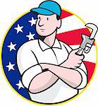 Cartoon illustration of an American plumber worker repairman tradesman with adjustable monkey wrench set inside circle with stars and stripes flag.